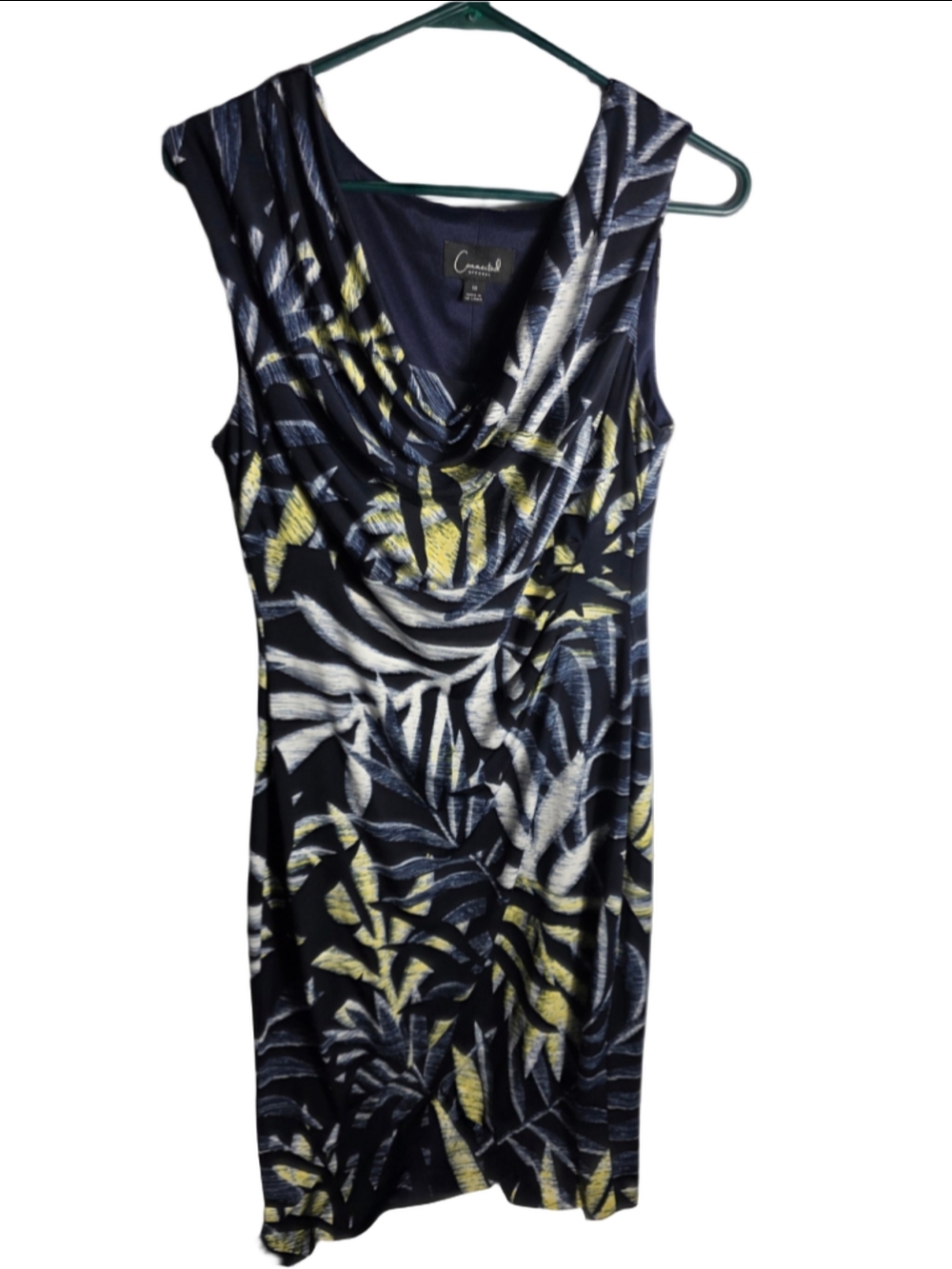 Women's Connected Apparel Midi Dress Size 10 navy Yellow Leaf Print tropical